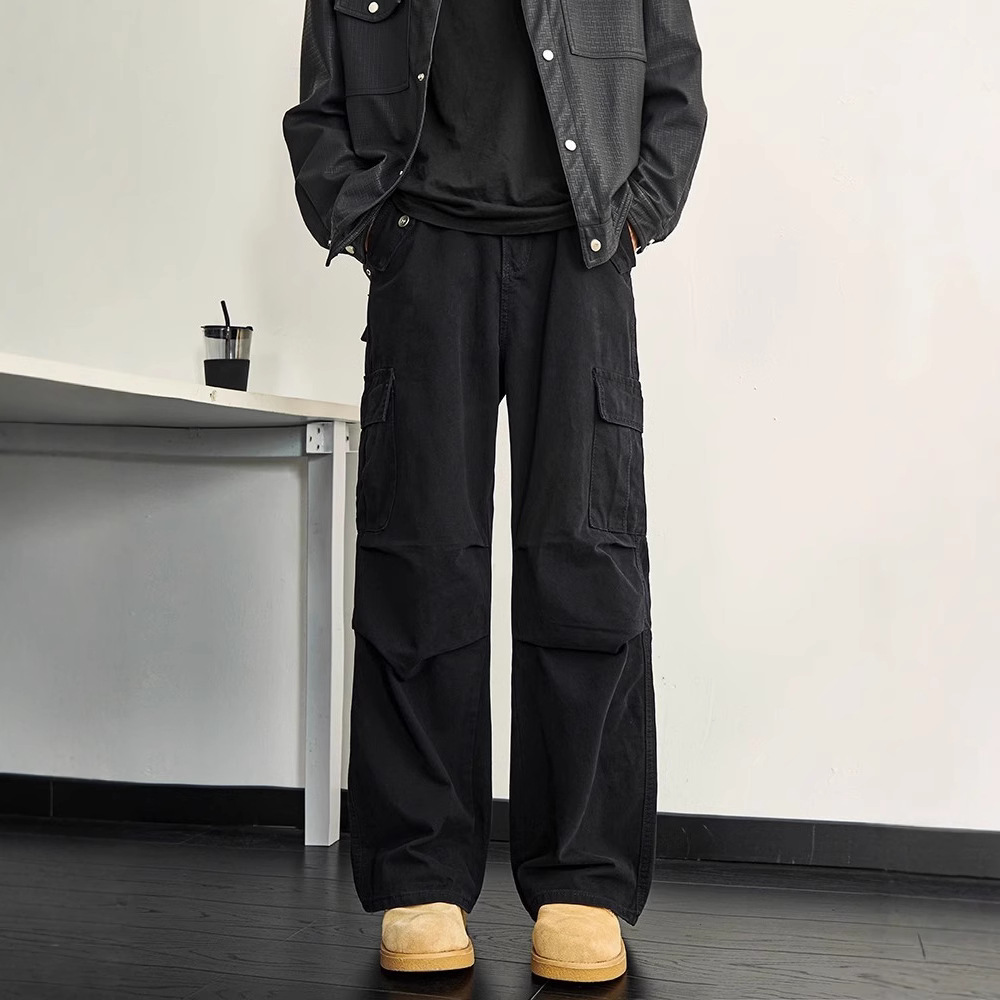 黒パンツ ワイドシルエット実用ポケットパンツ