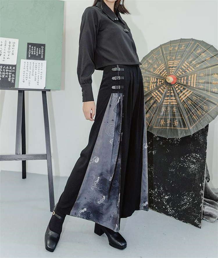 黒パンツ 黒ワイドパンツ 狐影柄 中国風改良版 秋向け