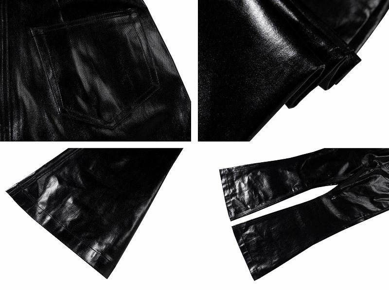 黒パンツ 男女兼用 ワーク風 黒レザー調 ベルボトム パンツ