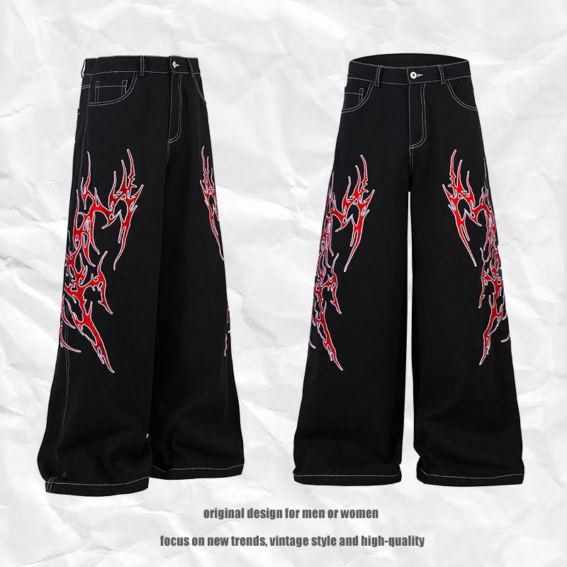 黒パンツ 炎刺繍入り黒デニムワイドパンツ男女兼用
