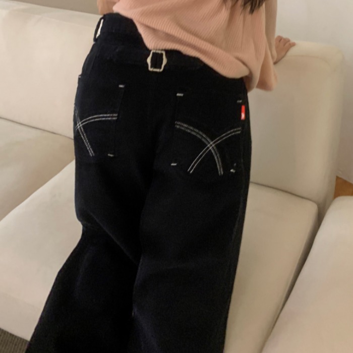 黒パンツ 秋冬新作黒デニムパンツワイドシルエット個性的ステッチ