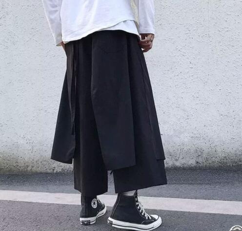黒パンツ 暗黒系レイヤード九分丈ワイドパンツ