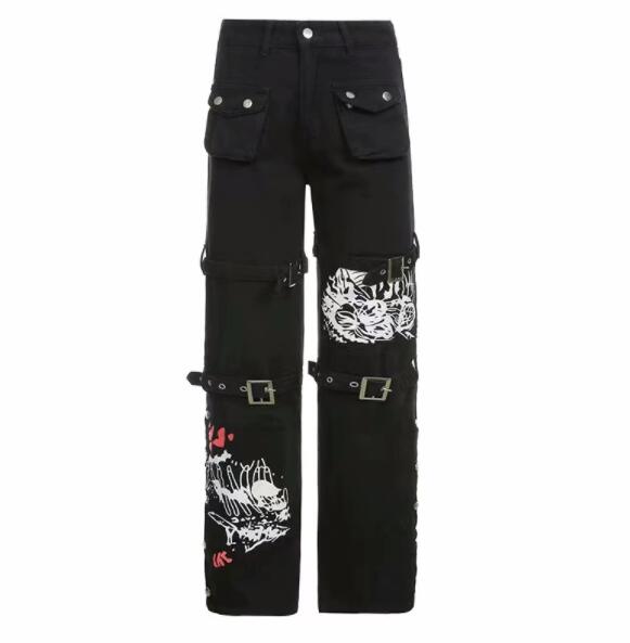 暗黒系パンク風黒パンツ ベルト装飾デニム