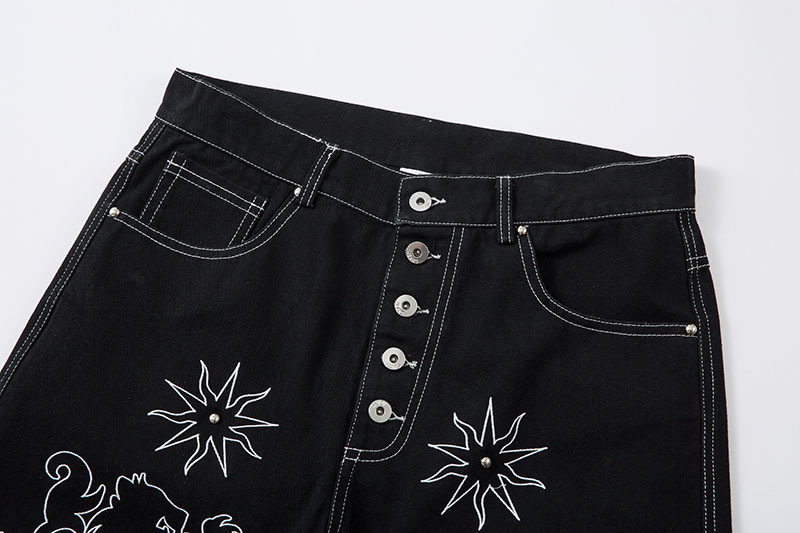 黒パンツ 刺繍入り黒デニムワイドパンツ男女兼用春秋新作