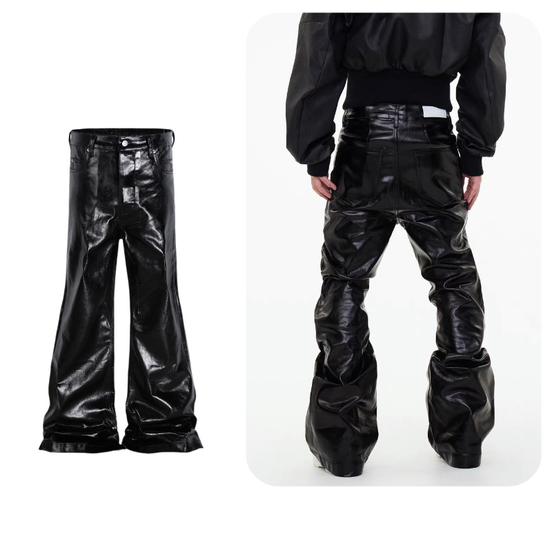 黒パンツ 男女兼用 ワーク風 黒レザー調 ベルボトム パンツ