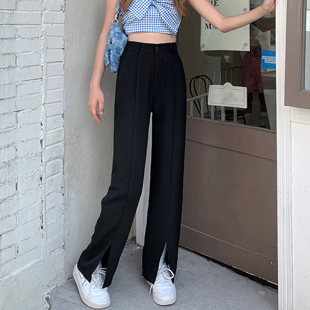黒パンツ フロントスリット スラックス 美脚