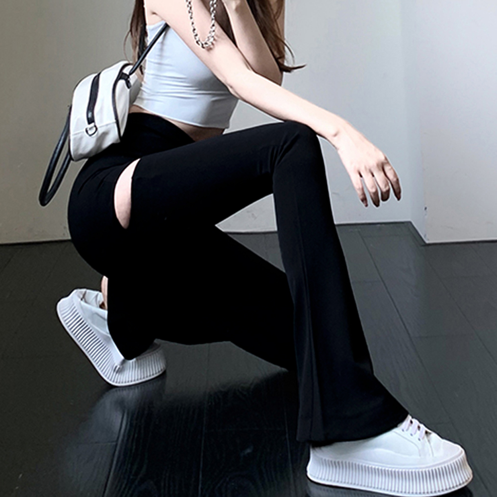 黒パンツ ダメージ加工フレアパンツ黒レディース美脚韓国風
