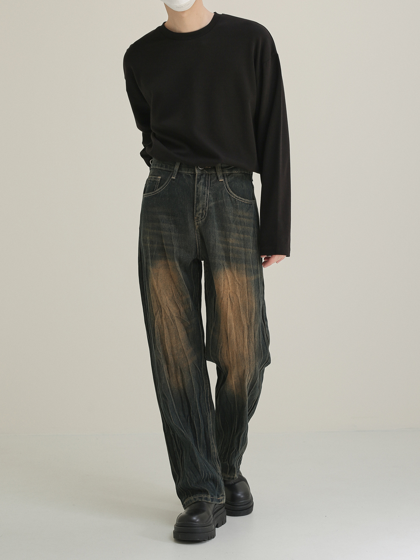 黒パンツ ヴィンテージ加工デニムワイドパンツ