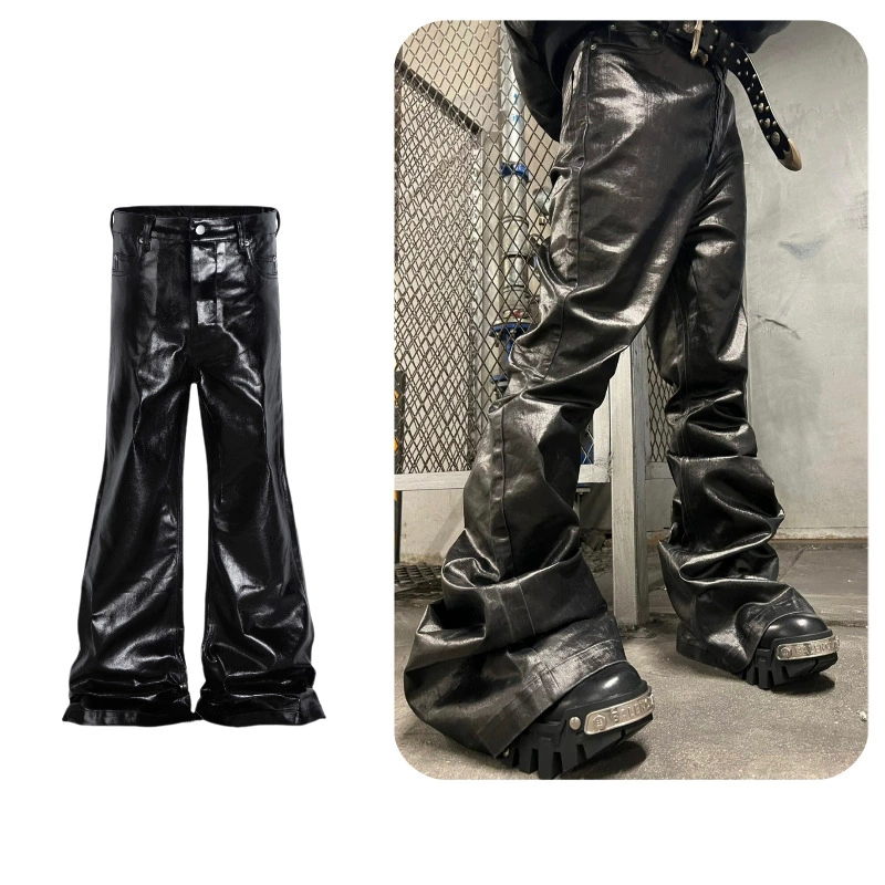 黒パンツ 男女兼用 ワーク風 黒レザー調 ベルボトム パンツ