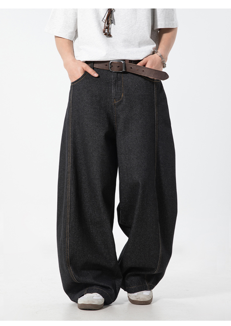 黒パンツ メンズ春夏新作黒デニムパンツ ワイド ハーフゴム仕様