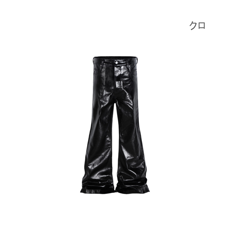 黒パンツ 男女兼用 ワーク風 黒レザー調 ベルボトム パンツ