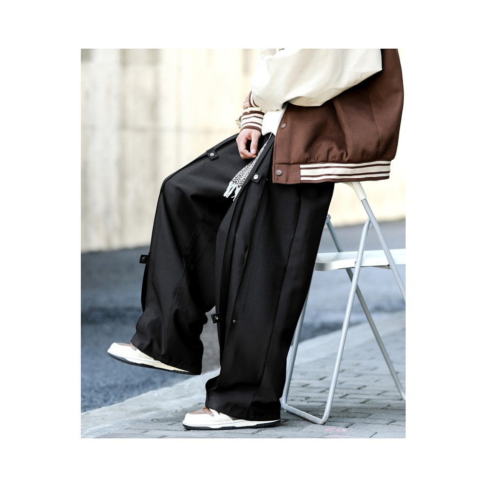 黒パンツ サイドジップ デザイン ワイドパンツ