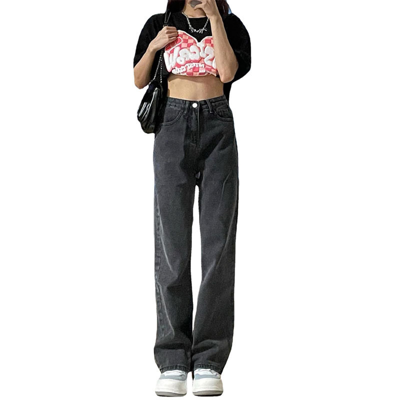 黒パンツ 古着風ゆったりストレートデニム