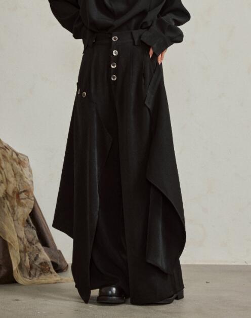 メンズ黒パンツ ワイド不規則デザイン暗黒系ズボン