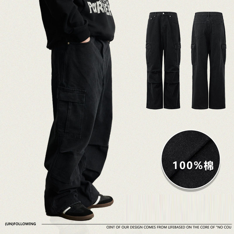 黒パンツ 男女兼用 黒カーゴパンツ ストリート系 綿100%