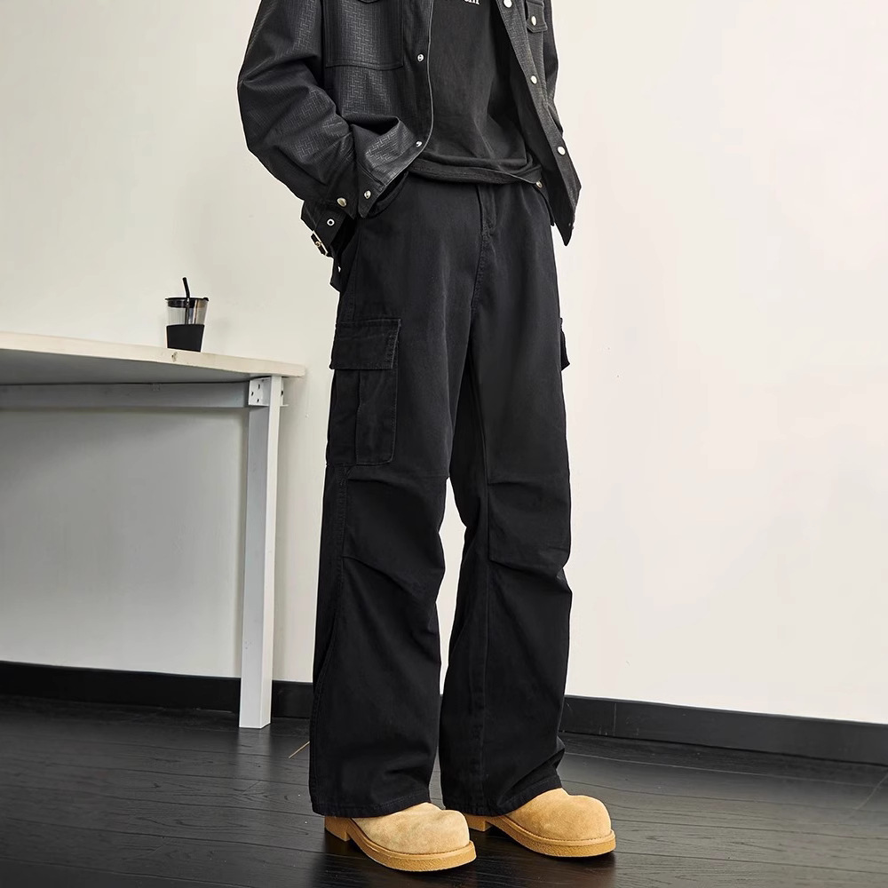 黒パンツ ワイドシルエット実用ポケットパンツ