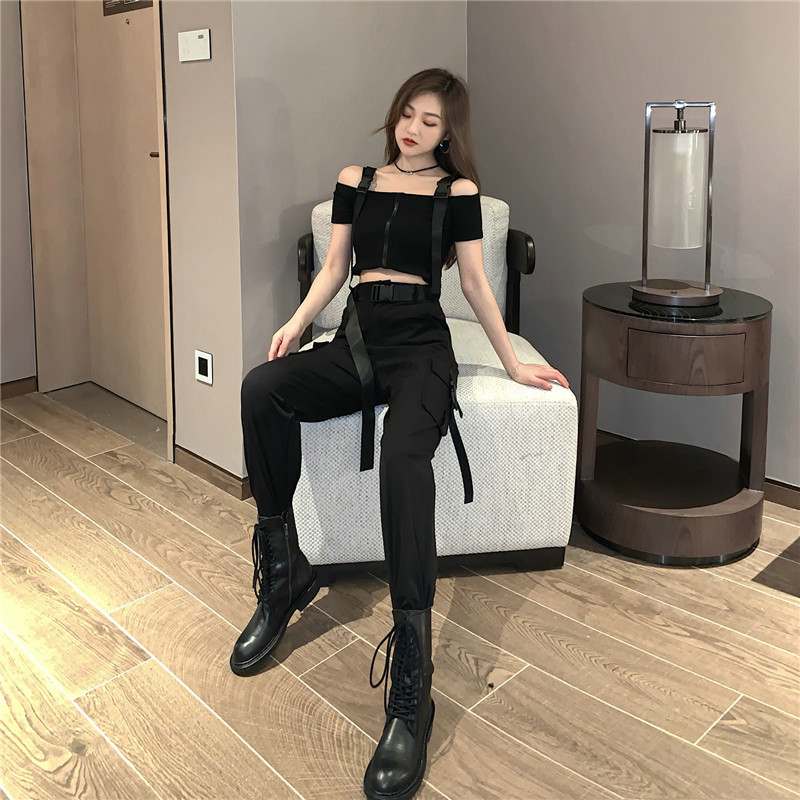 黒パンツ ポケット多機能実用的カーゴパンツ