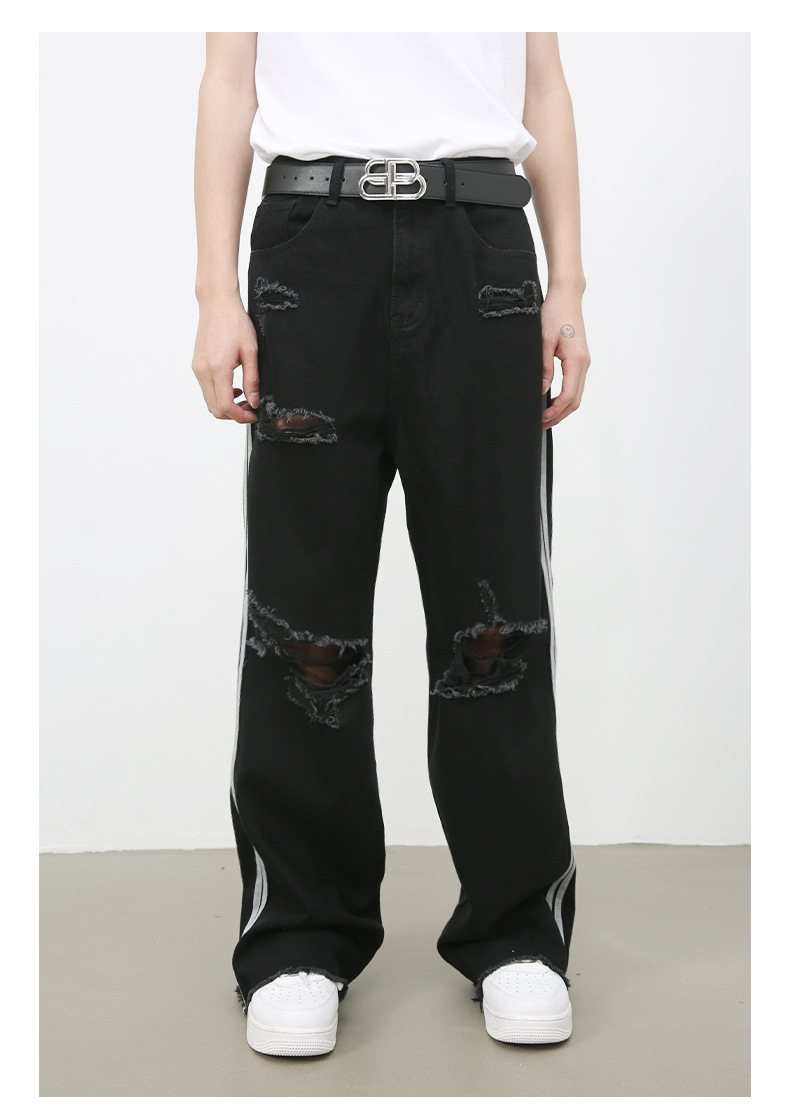 黒パンツ 黒デニム ダメージ加工 ヴィンテージ風 男女兼用 ワイドパンツ