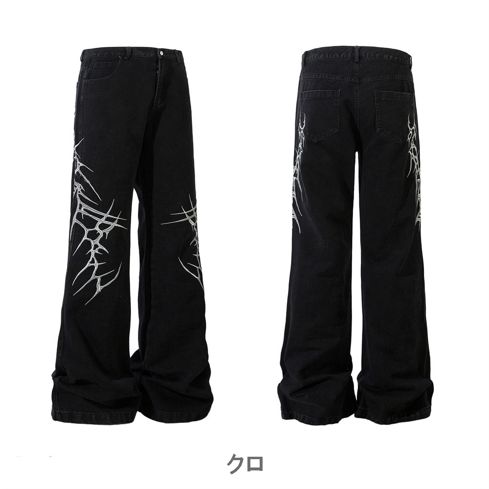 黒パンツ 刺繍入り黒デニムパンツ 男女兼用 ワイドフレア