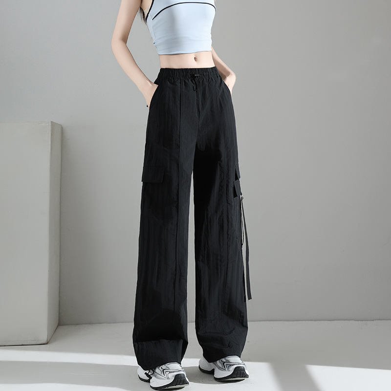 黒パンツ ワイドシルエットポケットパンツ