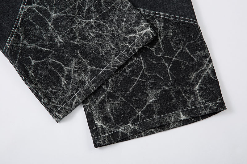 黒パンツ 男女兼用 黒デニム ワイドパンツ クラック柄 ヴィンテージ風