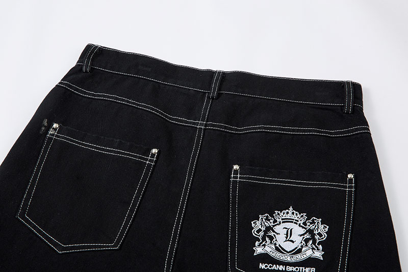 黒パンツ 刺繍入り黒デニムワイドパンツ男女兼用春秋新作