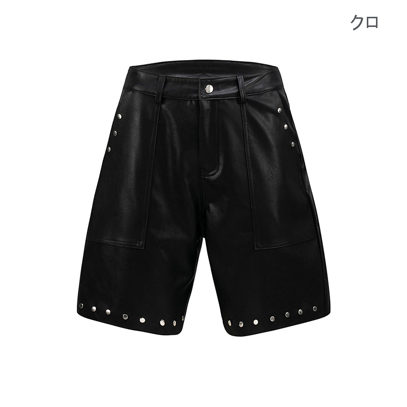 黒パンツ レザー風ショートパンツ スタッズ付き男女兼用