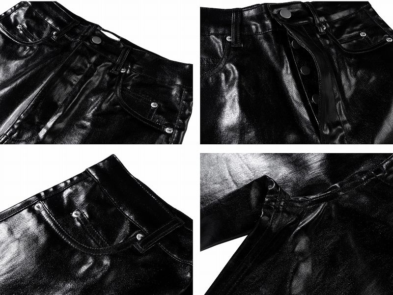 黒パンツ 男女兼用 ワーク風 黒レザー調 ベルボトム パンツ