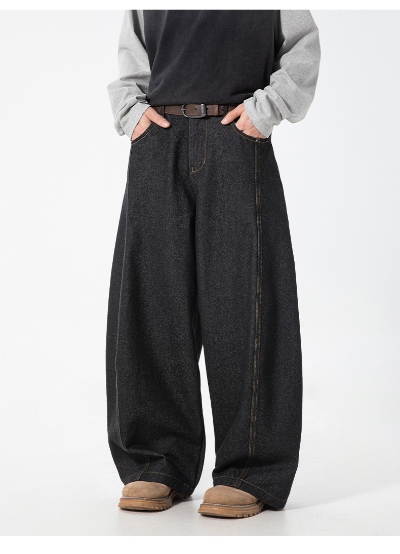 黒パンツ メンズ春夏新作黒デニムパンツ ワイド ハーフゴム仕様