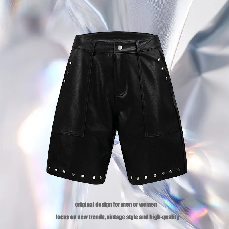 黒パンツ レザー風ショートパンツ スタッズ付き男女兼用