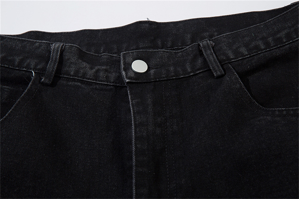 黒パンツ 刺繍入り黒デニムパンツ 男女兼用 ワイドフレア