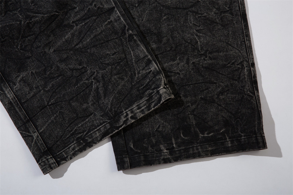 黒パンツ 雷刺繍入り黒デニムワイドパンツ男女兼用ベルボトム