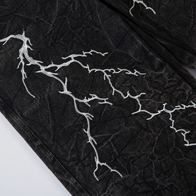 黒パンツ 雷刺繍入り黒デニムワイドパンツ男女兼用ベルボトム