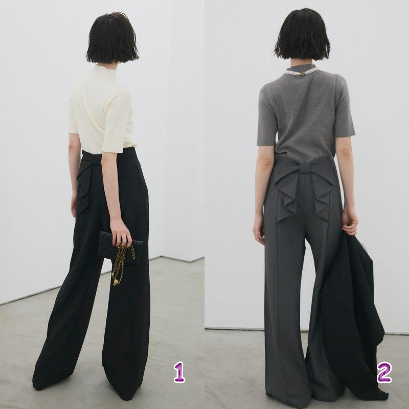 黒パンツ 韓国風レディースワイドパンツ リボンデザイン二色展開