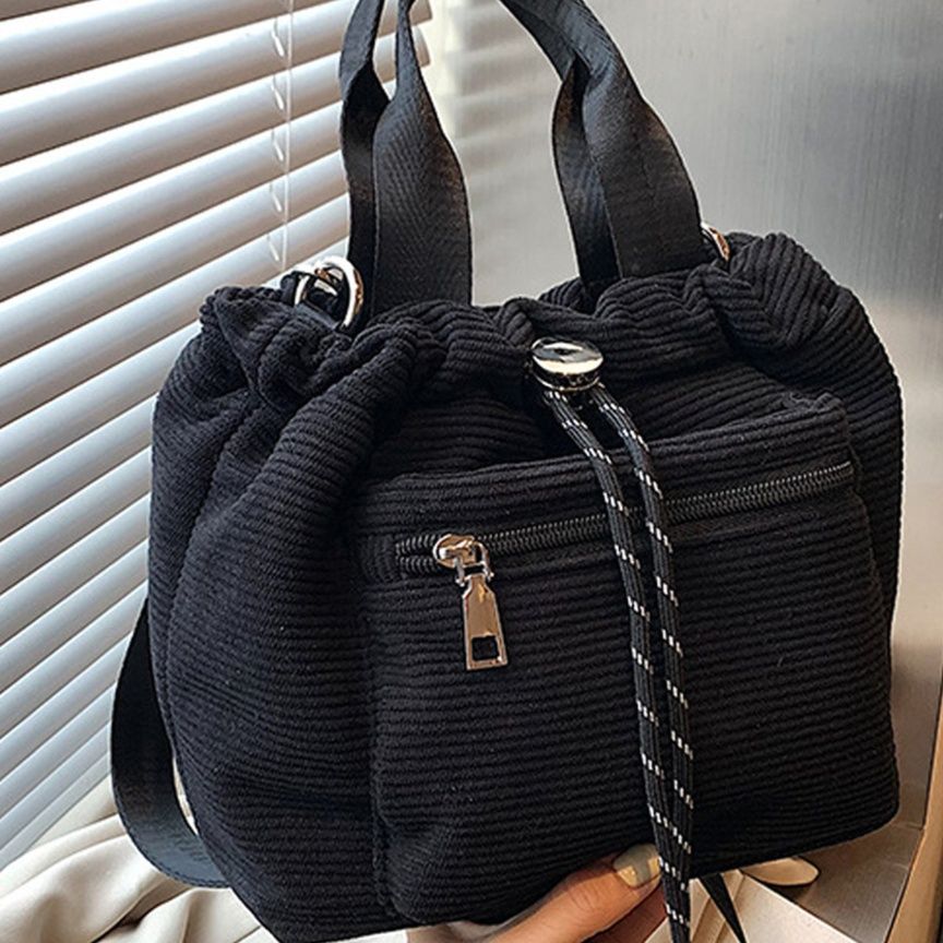 黒 バッグ コーデュロイ巾着ショルダーバッグ小さめ