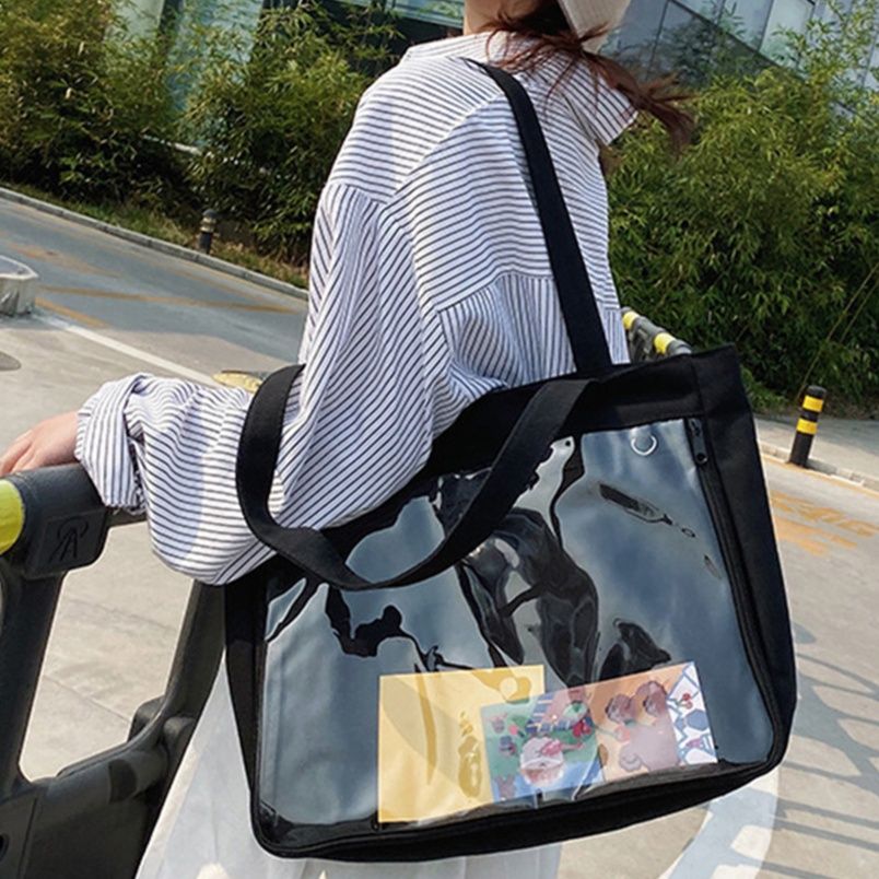 黒 バッグ 黒 透明ポケット付きトートバッグ 大容量