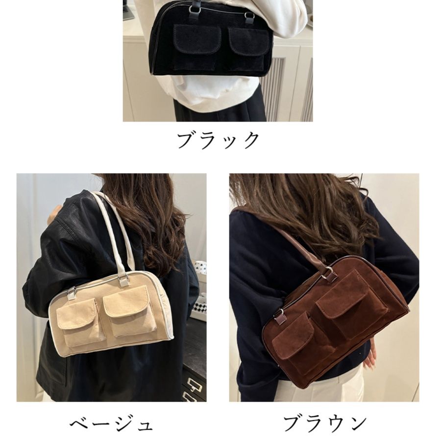 黒 バッグ 黒ハンドバッグ スエード調 ショルダー 二つ折りポケット付き