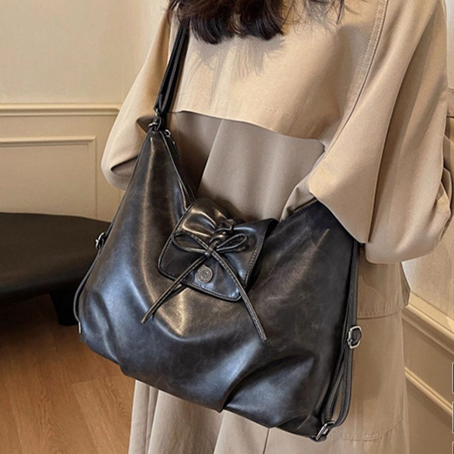 黒 バッグ リボン付き合皮ショルダーバッグ2way仕様