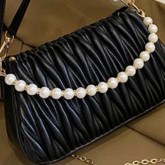 黒 バッグ パール装飾プリーツショルダーバッグ