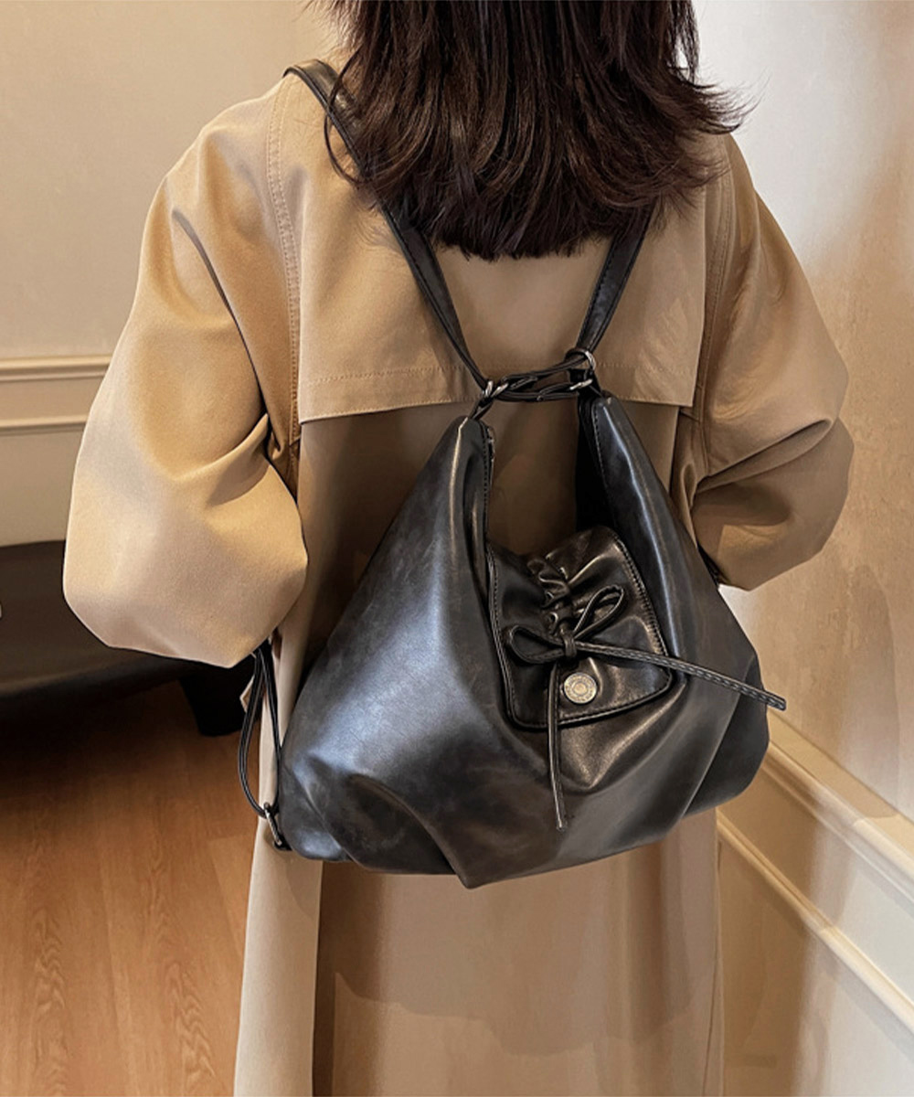黒 バッグ リボン付き合皮ショルダーバッグ2way仕様