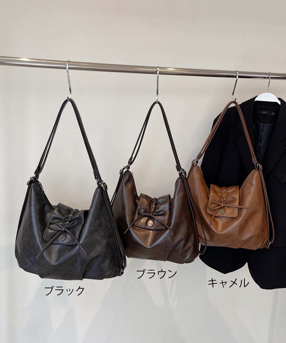 黒 バッグ リボン付き合皮ショルダーバッグ2way仕様