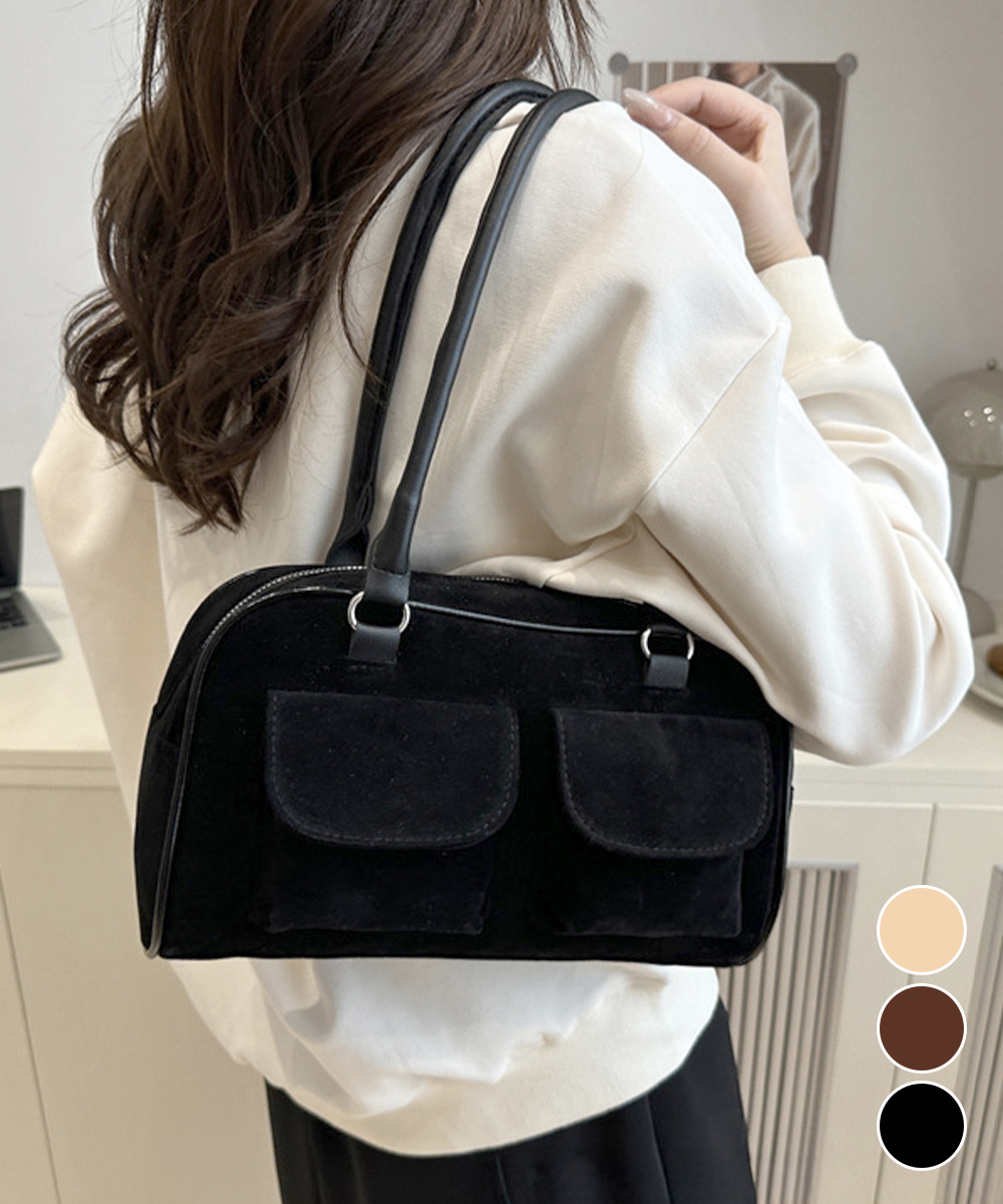 黒 バッグ 黒ハンドバッグ スエード調 ショルダー 二つ折りポケット付き