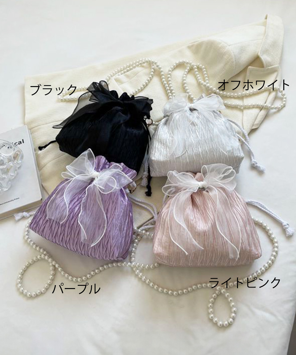 黒 バッグ 黒 巾着ショルダーバッグ リボン付き 結婚式 パール
