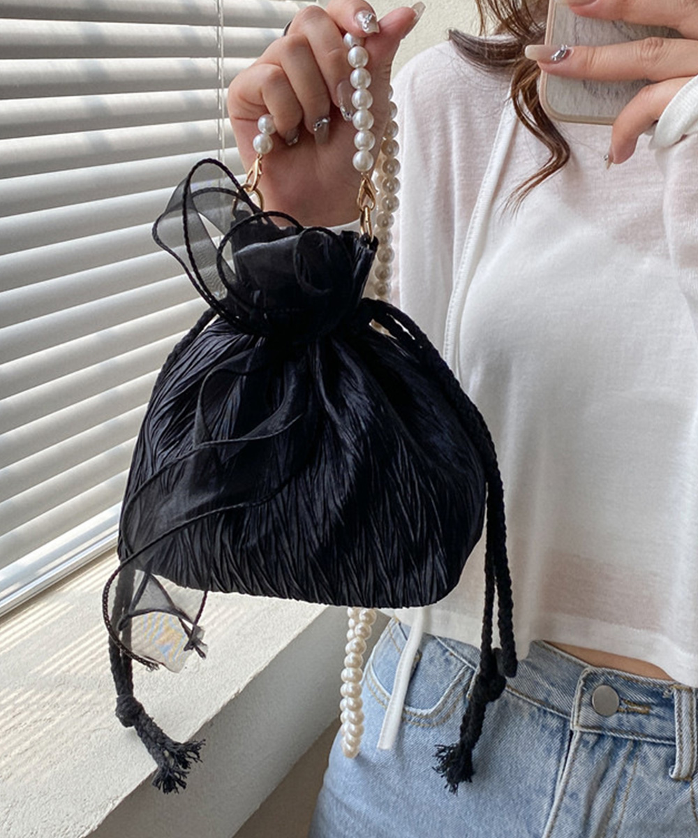 黒 バッグ 黒 巾着ショルダーバッグ リボン付き 結婚式 パール