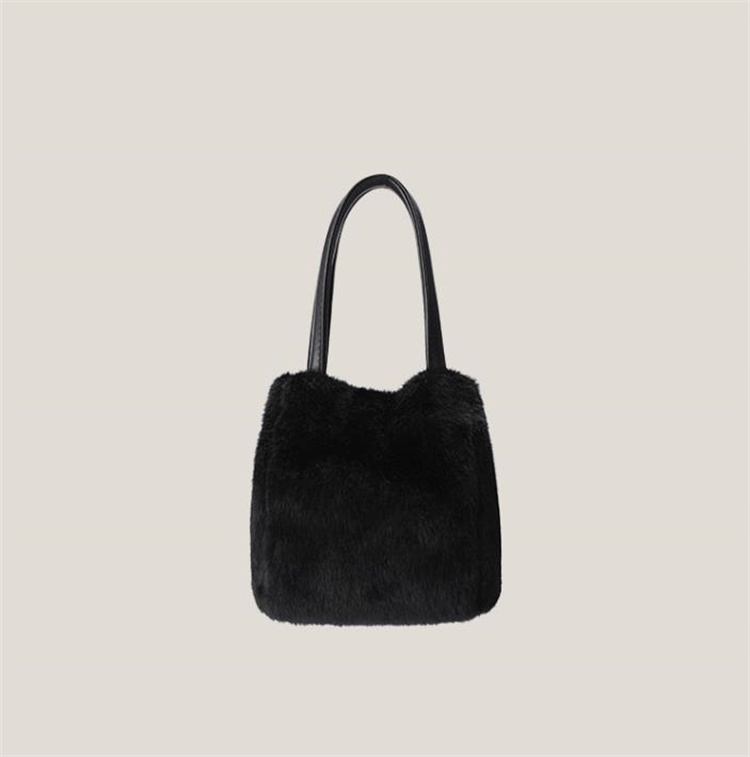 黒 バッグ 新作毛足ふわふわバケツ型ハンドバッグ黒