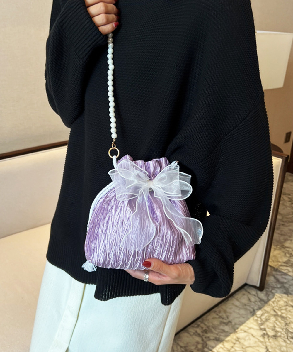 黒 バッグ 黒 巾着ショルダーバッグ リボン付き 結婚式 パール