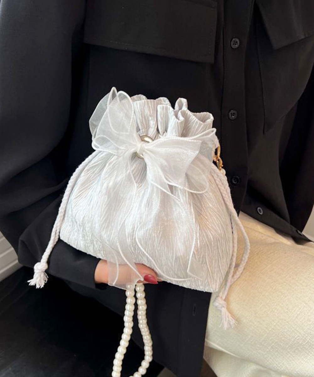 黒 バッグ 黒 巾着ショルダーバッグ リボン付き 結婚式 パール