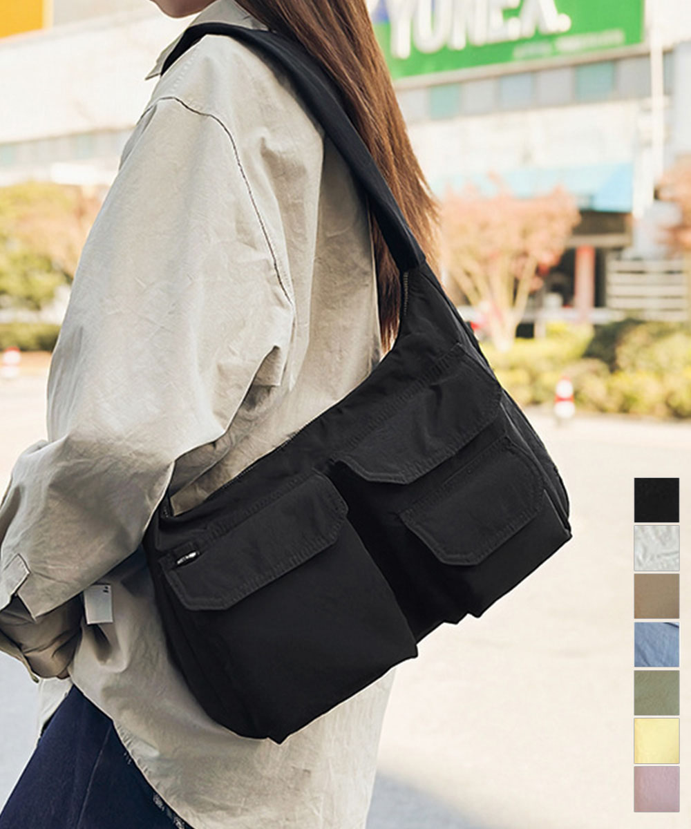黒 バッグ 多機能ポケット付き黒ナイロンショルダーバッグ軽量
