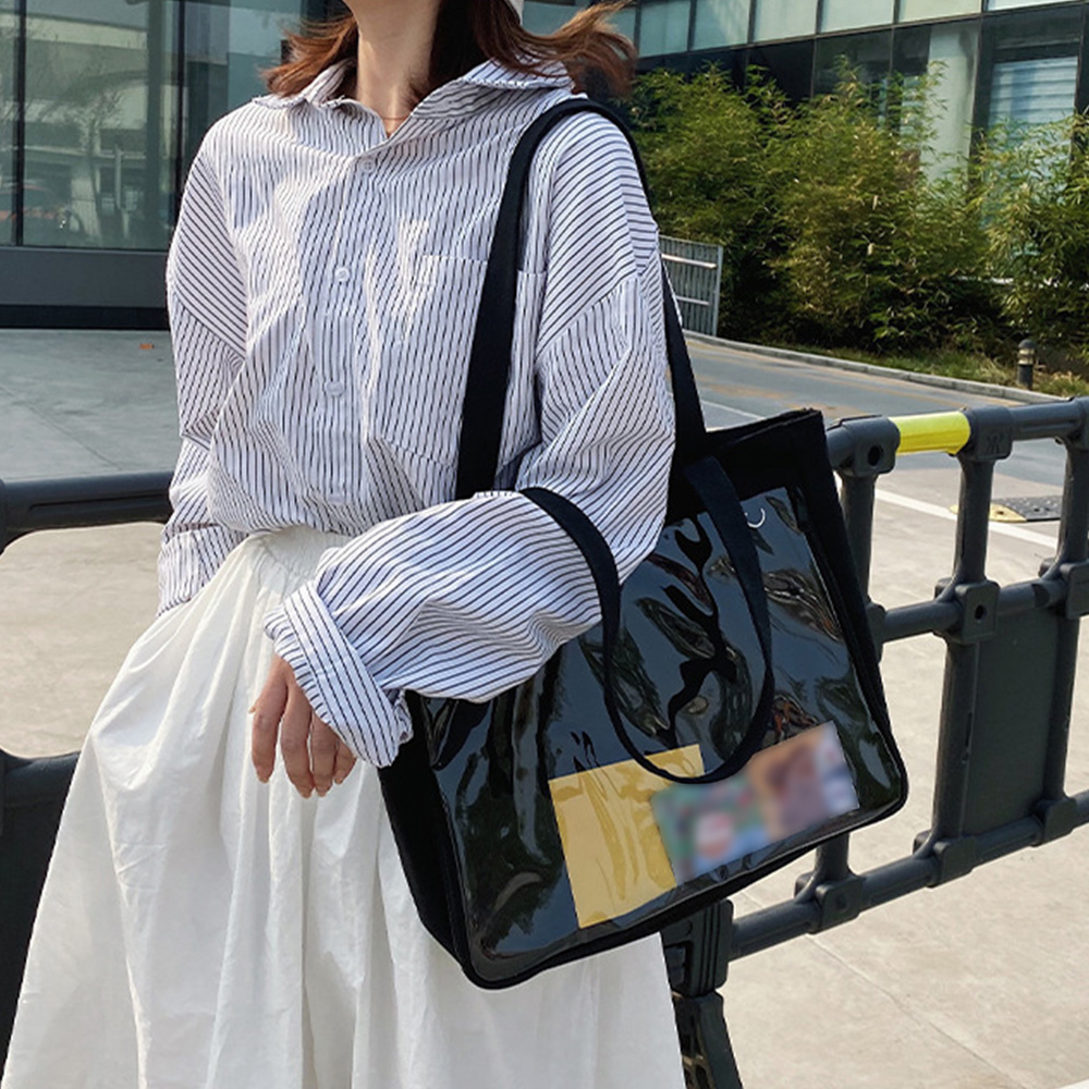 黒 バッグ 黒 透明ポケット付きトートバッグ 大容量