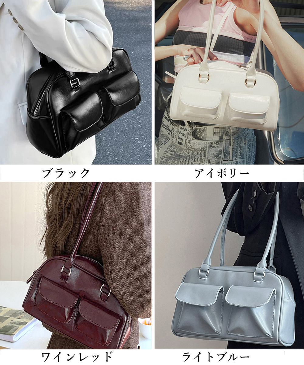 黒 バッグ 黒レザー調ボストンバッグ 大容量ポケット付き